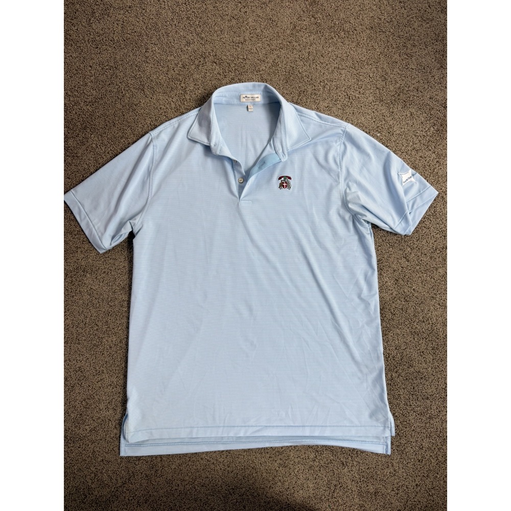 Peter Millar Summer Comfort Mens Large Blue Striped Golf Polo Shirt Crest Logo